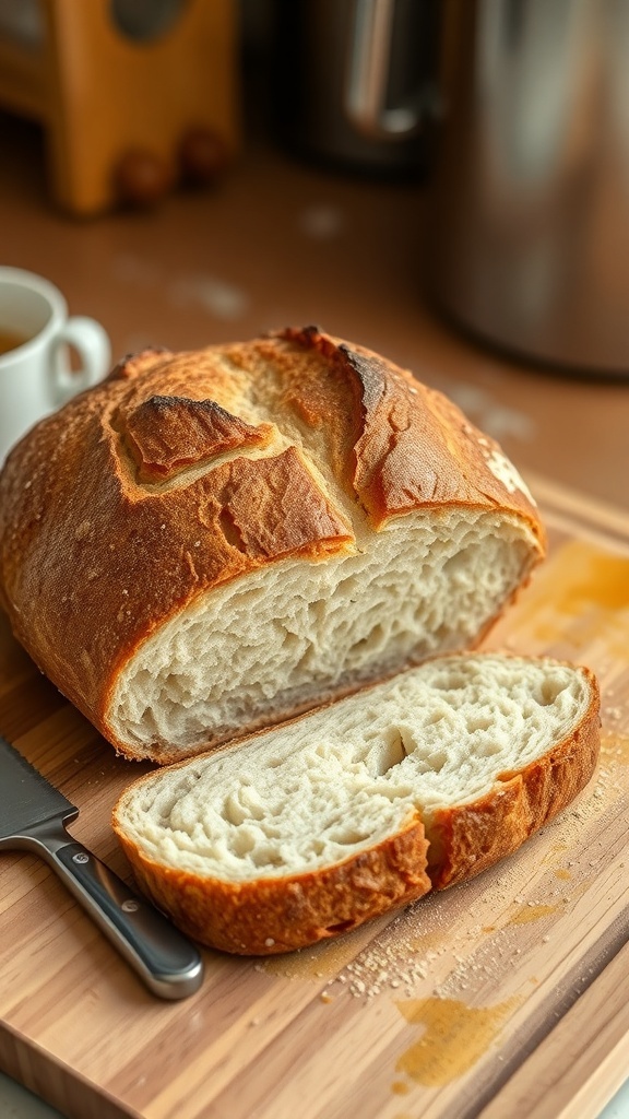 Zojirushi Sourdough Bread Recipe A golden-brown crusty loaf of sourdough bread on a wooden cutting board with slices cut to show the texture.